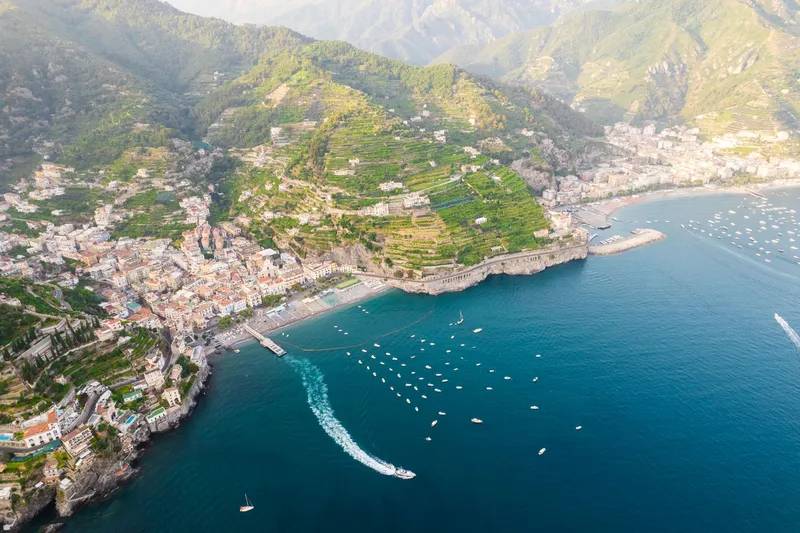 Amalfi Coast: Stunning aerial view of Amalfi coastline, showcasing the vibrant landscape and serene sea.