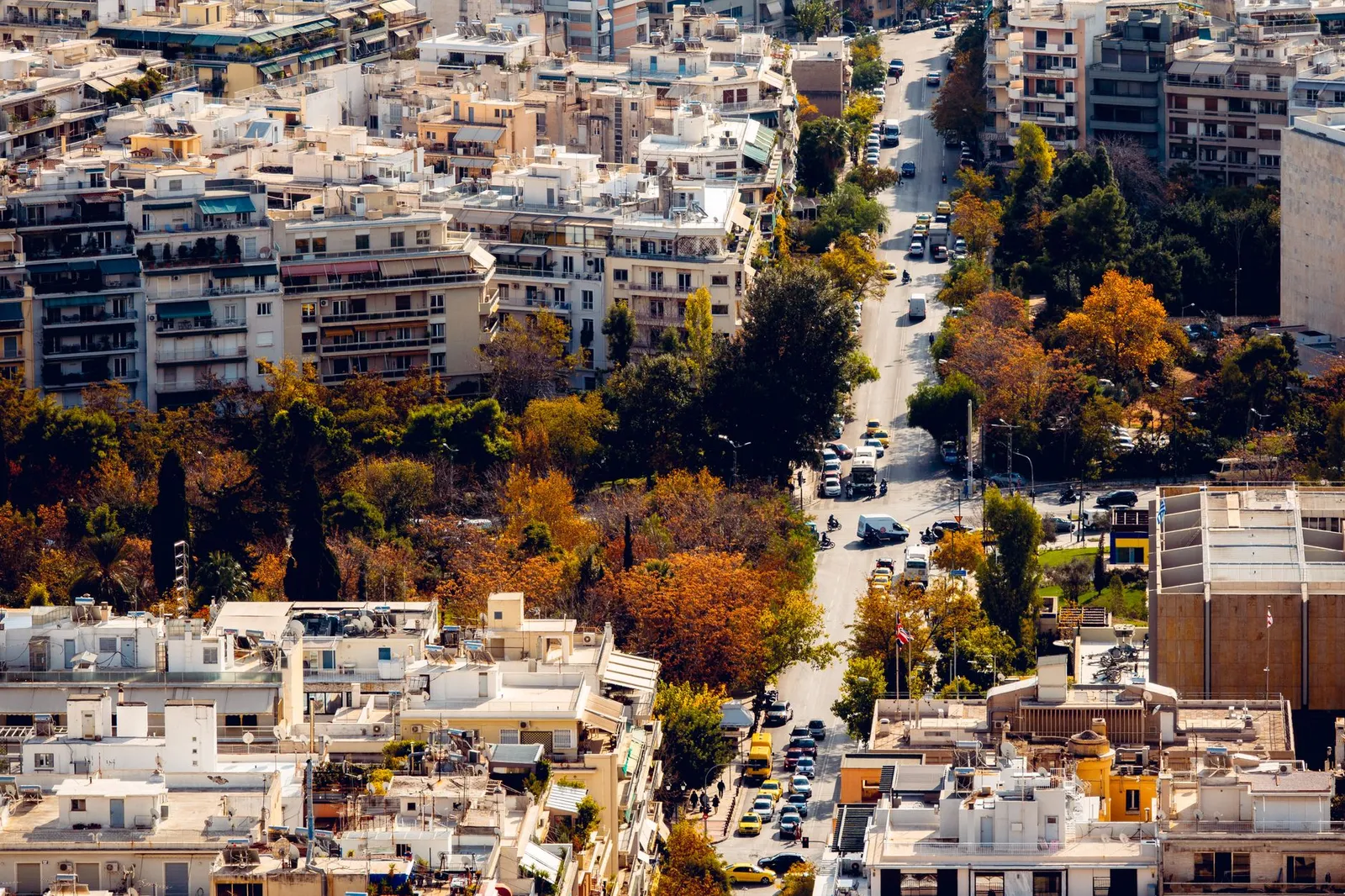Athens: Stunning aerial view of Athens showing a vibrant cityscape with autumn colors.
