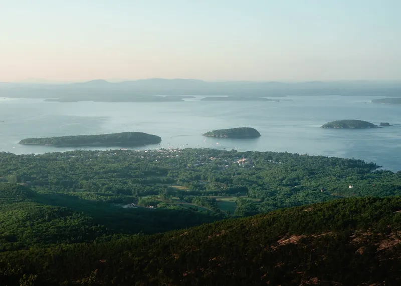 Bar Harbor & Acadia: Breathtaking aerial view of Bar Harbor and islands from Cadillac Mountain in Acadia National Park.