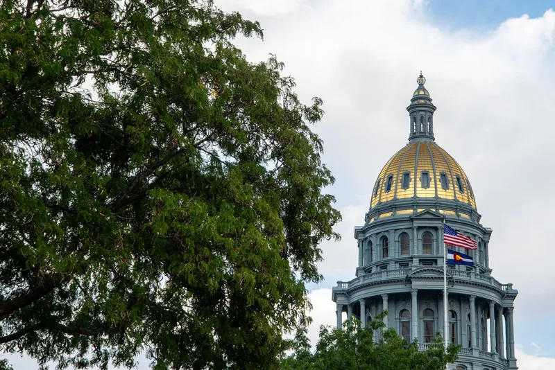Denver: View of Denver's State Capitol with tree and flags in the foreground.
