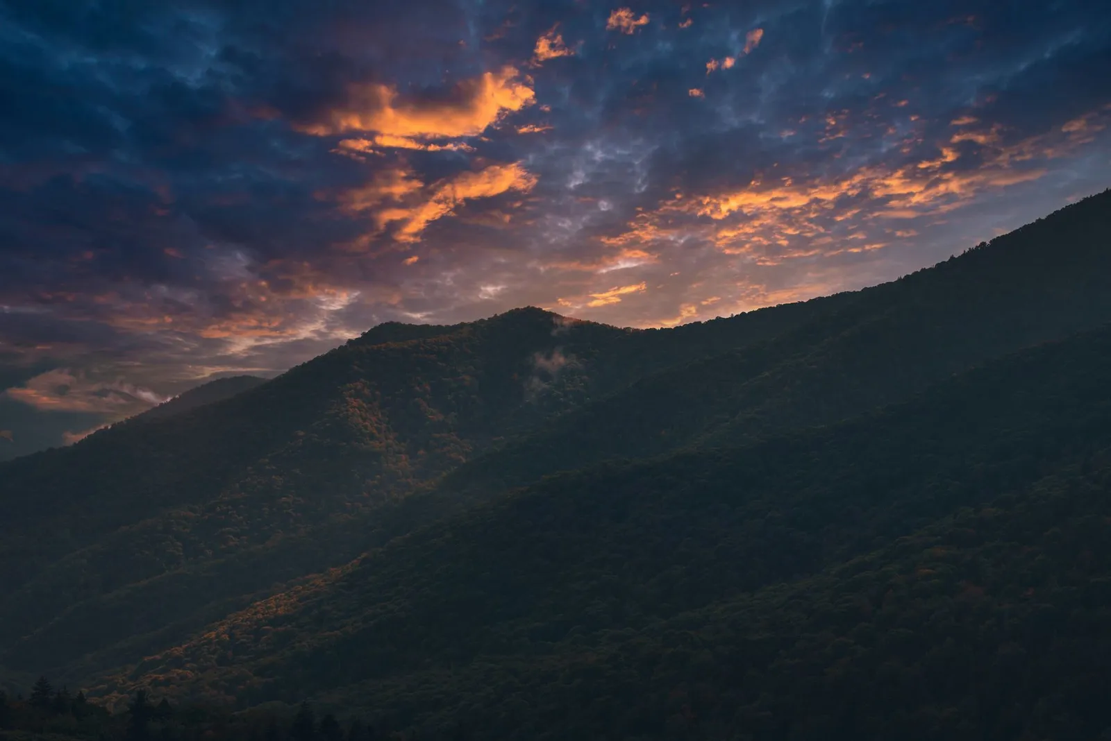 Great Smoky Mountains: Breathtaking sunset over the Smoky Mountains with vivid skies and silhouetted peaks.
