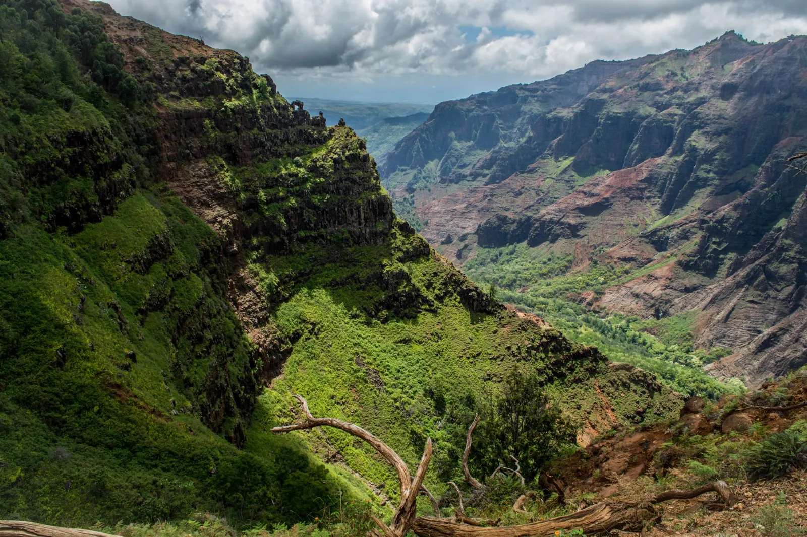 Kauai: Breathtaking view of Waimea Canyon's lush, vibrant landscapes under a dramatic sky in Kauai, Hawaii.