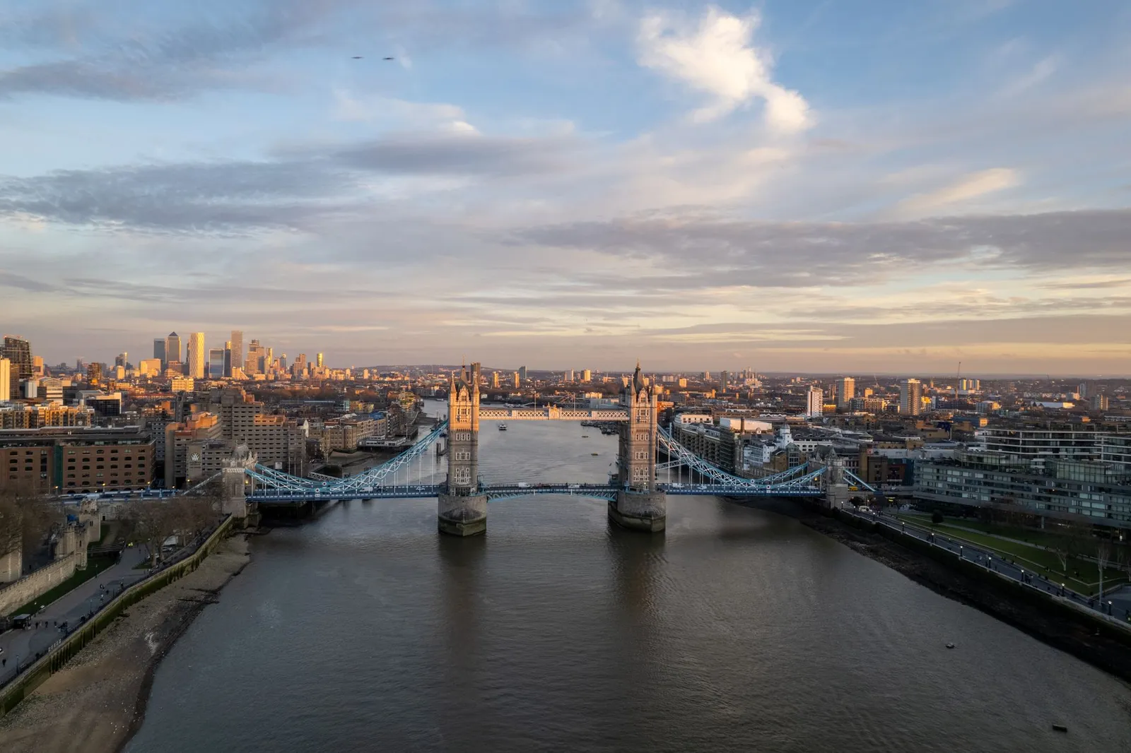 London: A breathtaking aerial shot of London's Tower Bridge with the city skyline at dusk.