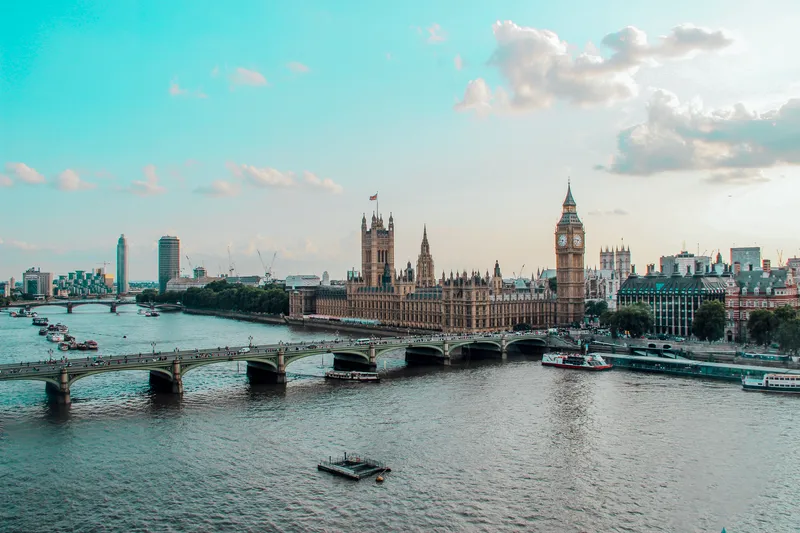 London: Captivating aerial view of Westminster Palace, Big Ben, and River Thames in London, UK.