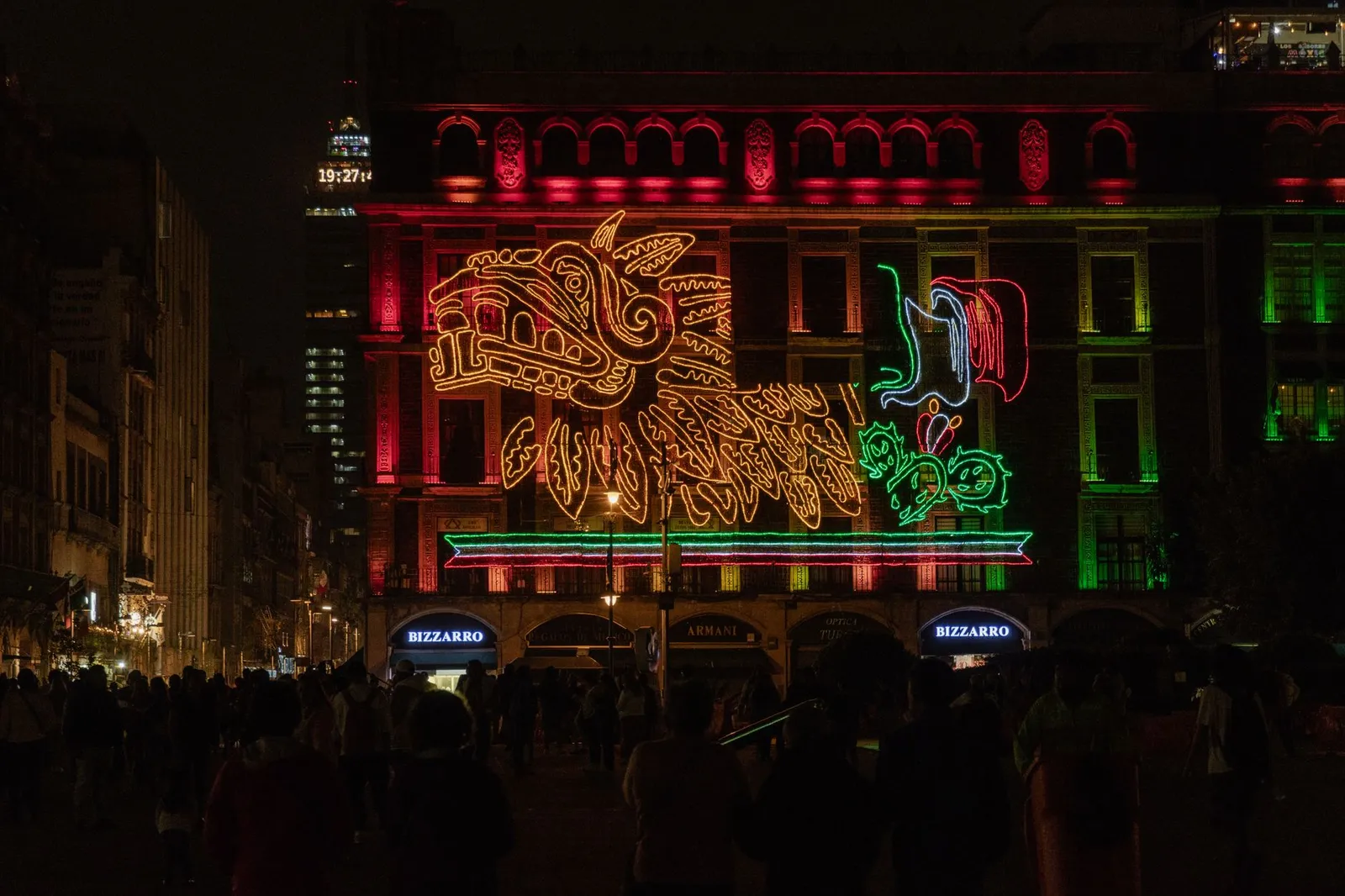 Mexico City: A vibrant neon display celebrating Mexican Independence Day at night in Mexico City.