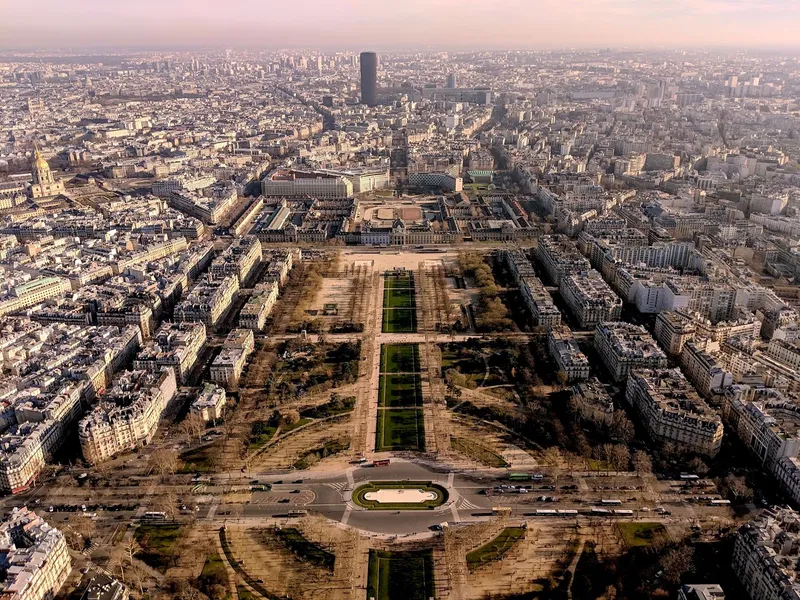 Paris: Stunning aerial view of Paris showcasing iconic cityscape and architecture.