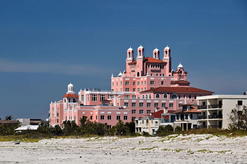 St. Pete / Clearwater: View of the iconic Don CeSar Hotel on St. Pete Beach against clear blue skies.