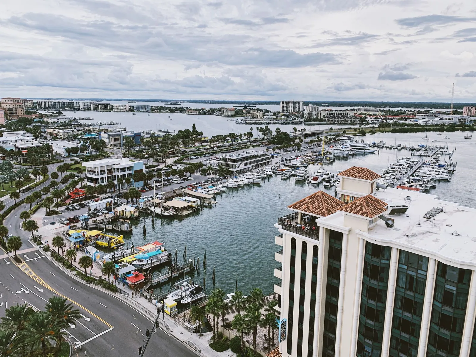 St. Pete / Clearwater: Panoramic aerial view of Clearwater Marina, showcasing the vibrant cityscape and coastline.