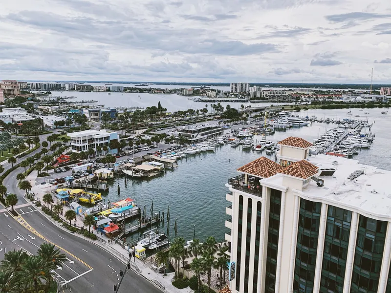 Panoramic aerial view of Clearwater Marina, showcasing the vibrant cityscape and coastline.