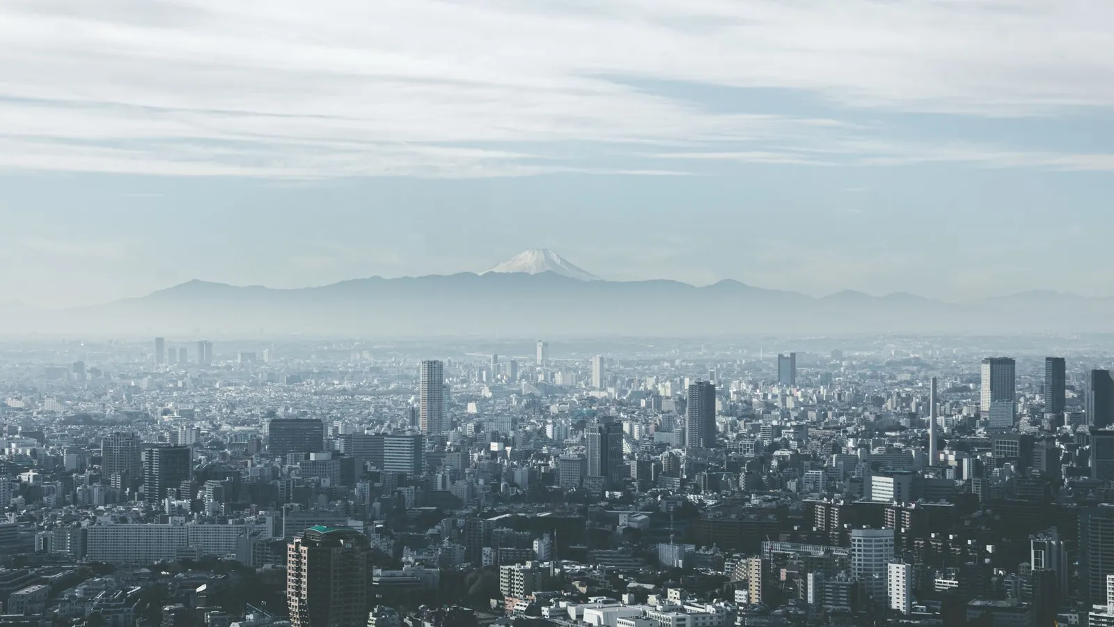 Tokyo: Panoramic view of Tokyo cityscape with Mount Fuji looming in the background, under cloudy skies.